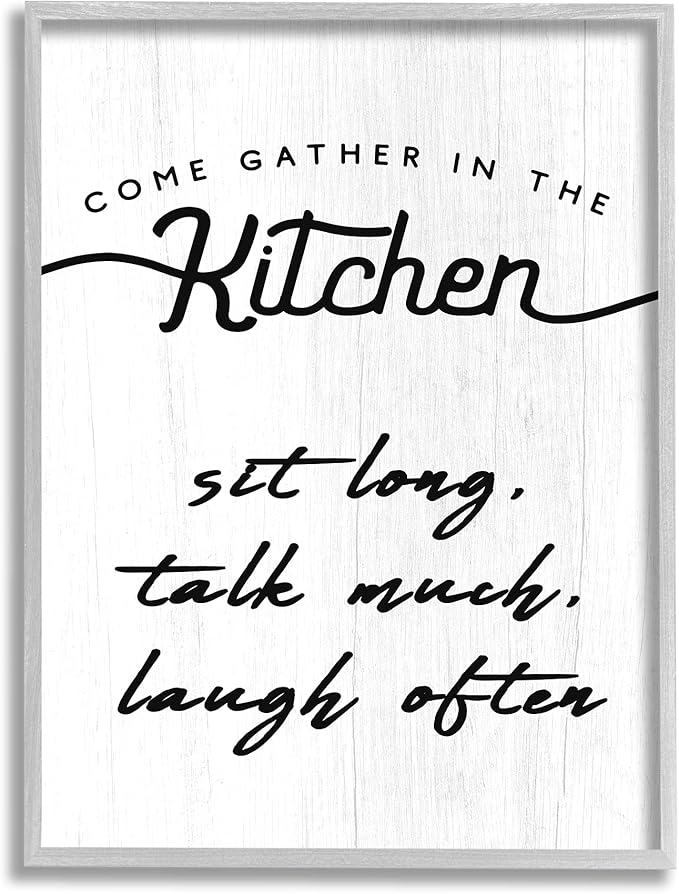 Stupell Industries Kitchen Gathering Sign Minimal Sit Talk Laugh Phrase, Designed by Daphne Polselli Gray Framed Wall Art, 24 x 30, Off- White