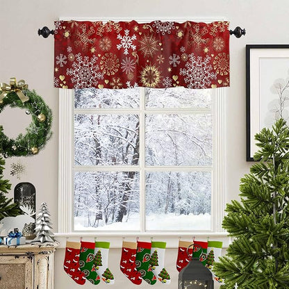 Vandarllin Christmas Valance Kitchen Curtains for Windows, Snowflake Pattern Rod Pocket Valances Window Treatments Gold White Short Curtains for Bedroom/Living Room, 54" X 18" -1 Panel