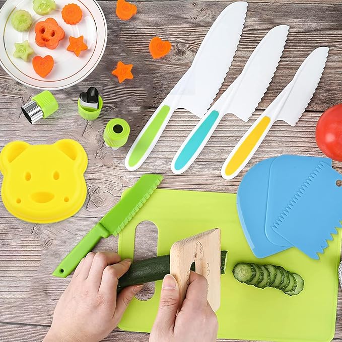 26PCS Kids Knives for Real Cooking, Wooden Kids Kitchen Knife Set Include 4 Serrated Edges Plastic Toddler Knives, Cutting Board, Y Peeler, Egg Beater, Toddler Food Picks and Cream Scraper