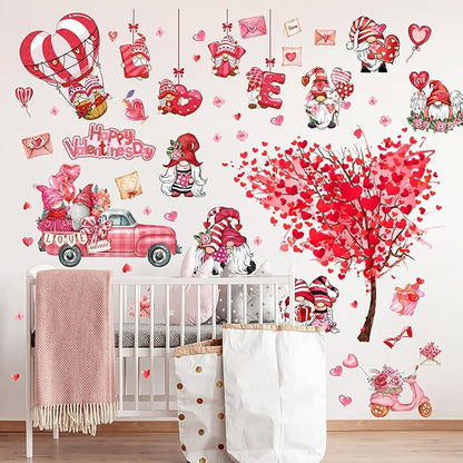 2 Sheets Valentine's Day Wall Decals Heart Tree Red Truck Valentines Day Wall Stickers Romantic Love Heart Wall Decor Home Bedroom Decor for Couple Living Room Kitchen Window Wedding Anniversary Art