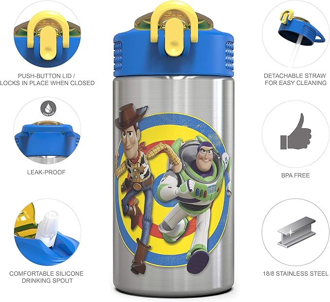 Zak Designs Toy Story 4 Buzz & Woody 15.5 ounce Water Bottle, Non-BPA with One Hand Operation Action Lid and Built-in Carrying Loop, with Straw is Perfect for Kids