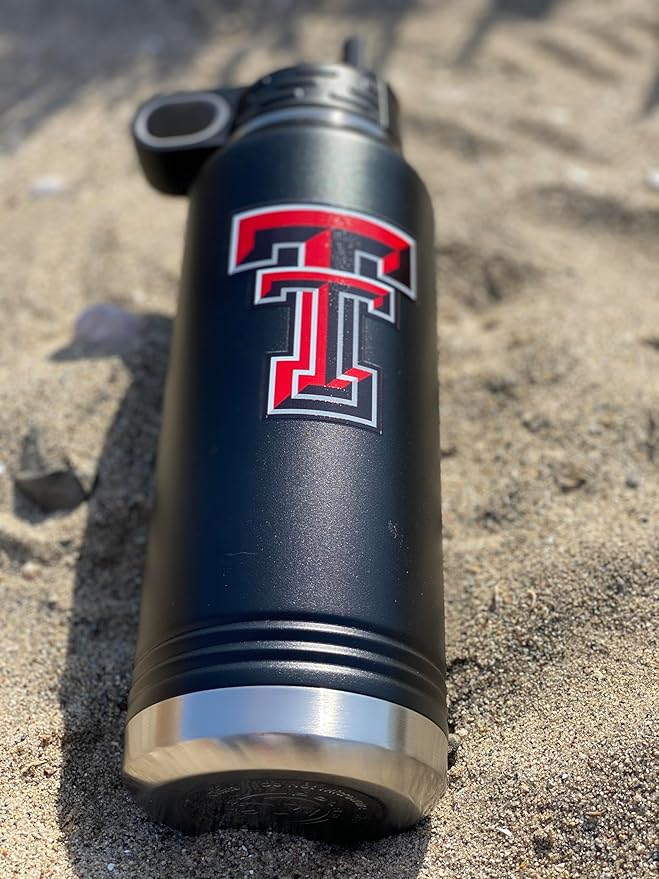 Texas Tech 32oz Stainless Steel Double Walled Black Beverage Bottle with Flip Straw Spout - College Gear for Playoff Season – For Office, Home or Auto – Show your Red Raider Prider