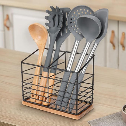 Utensil Holder for Kitchen Counter, Metal Utensil Holder Rack for Kitchen Countertop, Cooking Tools Storage for Spatula, Utensil Organizer with Sturdy Base, and Drainage Hole (Black Wooden)