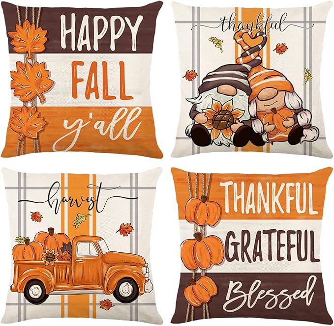 Fall Decorations for Home, Fall Pillow Covers 18x18 Set of 4, Thanksgiving Decorations Autumn Cushion Case for Couch(Fall06)