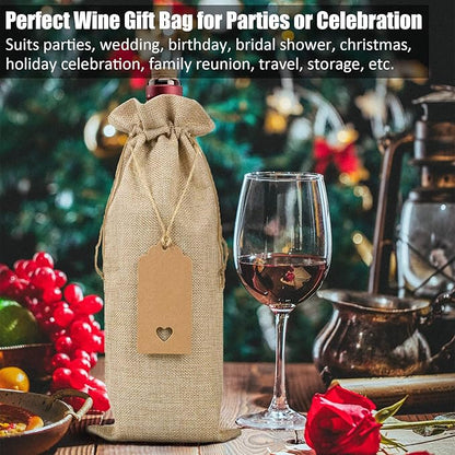 Burlap Wine Bags Wine Gift Bags, 12 Pcs Wine Bottle Bags with Drawstrings, Tags & Ropes, Reusable Wine Bottle Covers for Christmas, Wedding, Birthday, Travel, Holiday Party, Housewarming, Home Storage