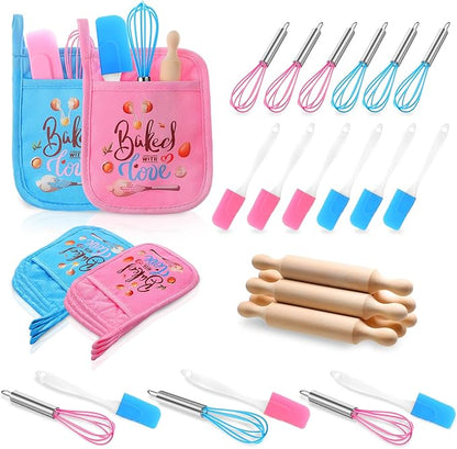 24 Pcs Kids Baking Supplies for Real Cooking Games Prize Party Favors, with Kitchen Utensil, Pot Holders, Spatula, Rolling Pin, Whisk for Kids Gifts, Baking Cooking Party (Small)