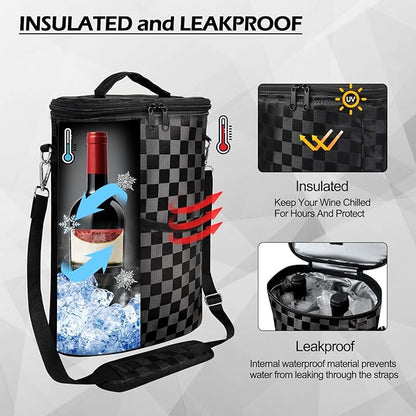 2 Bottle Wine Cooler Bag, Leakproof Insulated Padded Wine Gift Tote Carrier with Handle and Adjustable Shoulder Strap, for Travel, Wine Tasting, Party, Christmas Gift for Wine Lover - Square