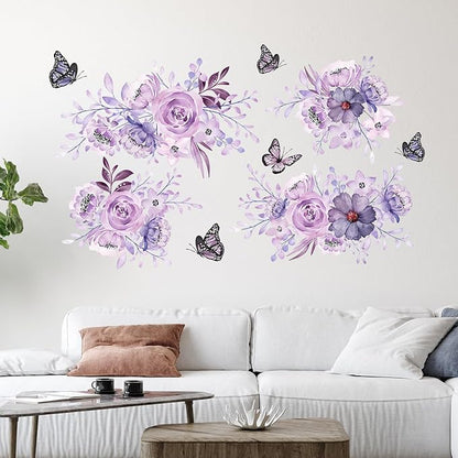 Zonon Flowers Wall Decals Vinyl Dragonflies Flowers Wall Stickers Removable Floral Wall Murals Peel and Stick Colorful Flower Wall Decor for Bedroom Living Room Nursery(Flower and Butterfly)