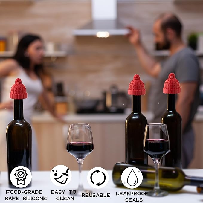 Wine Stoppers for Wine Bottles, Reusable Silicone Wine Sealer, Leakproof and Flavor Preserve for Home Kitchen Bar (2 Packs)