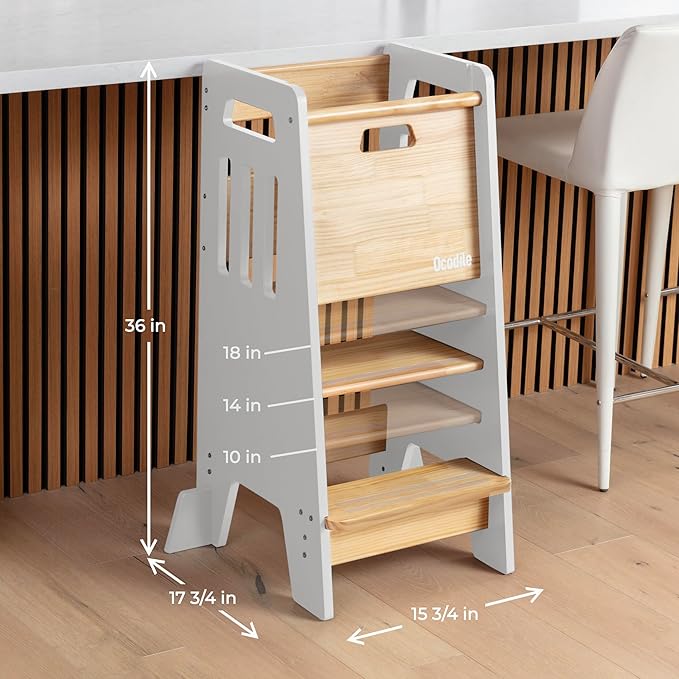 Toddler Tower with a Sliding Door and 3 Adjustable Heights - Complete Toddler Kitchen Stool Helper with Support Feet - Safe Design for 18+ Months to 6-Year-Old Kids - White