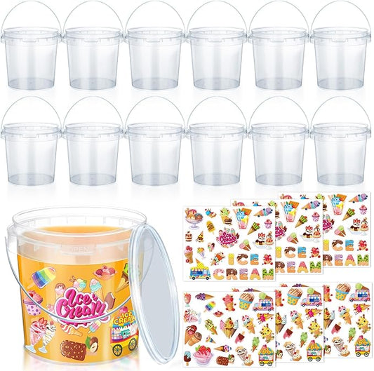 12 Pcs 1L Rum Buckets for Drinks with Lids and Handles 150 Stickers Clear Plastic Ice Cream Tub Cocktail Drink Buckets Reusable Food Containers for Summer Beach Party Supplies