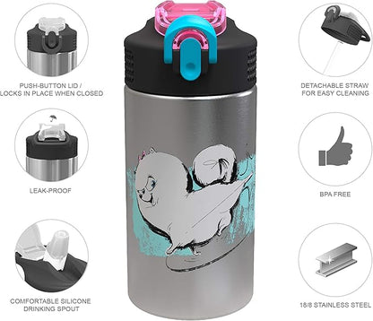 Zak Designs The Secret Life of Pets 2 - Stainless Steel Water Bottle with One Hand Operation Action Lid and Built-in Carrying Loop, Water Bottle with Straw is Perfect for Kids(15.5 oz, 18/8,BPA-Free)