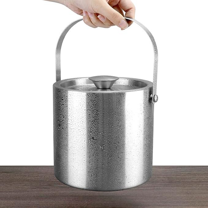 QWORK 3L Stainless Steel Ice Bucket with Lid, Double Wall Insulation, for Wine, Cocktail Bar, Parties, Home Bar Accessories, Champagne Bucket, Elegant Bartending Ice Buckets