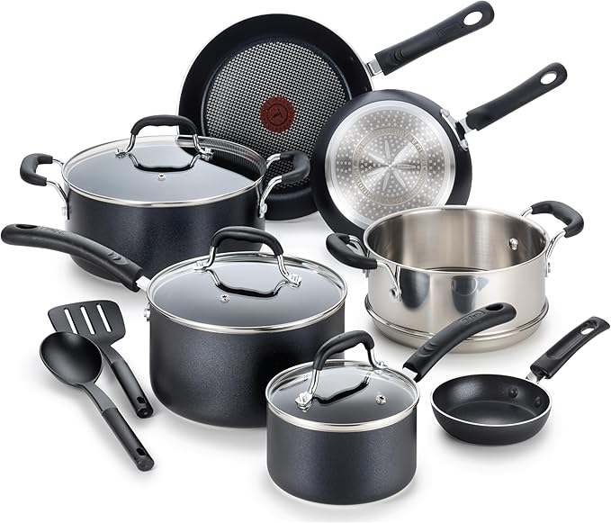 T-fal Experience Nonstick Cookware Set 12 Piece, Induction, Oven Broiler Safe 350F, Kitchen Cooking Set w/ Fry Pans, Saucepan, Stockpot, Kitchen Utensils, Pots and Pans, Dishwasher Safe, Black