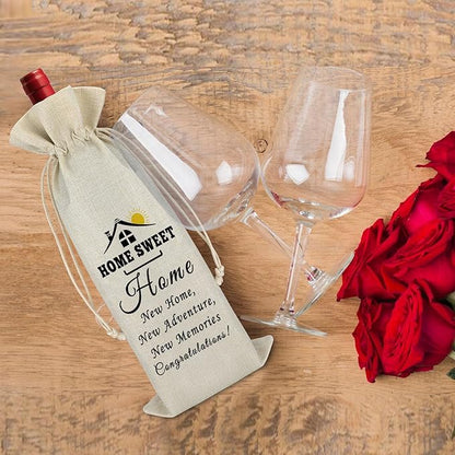 New Home Gift Wine Gift Bag Housewarming Gift First New Home Gift for Homeowner Friends Men Coworker Housewarming Party Decors Wine Bottle Wrap Bag Christmas Gift for Host Drawstring Burlap Wine Bag