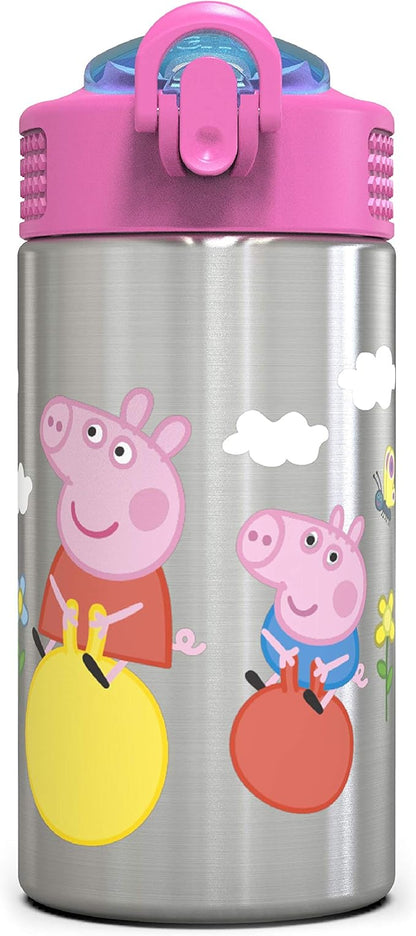 Zak Designs Peppa Pig 15.5oz Stainless Steel Kids Water Bottle with Flip-up Straw Spout - BPA Free Durable Design, Peppa Pig SS, Single Wall