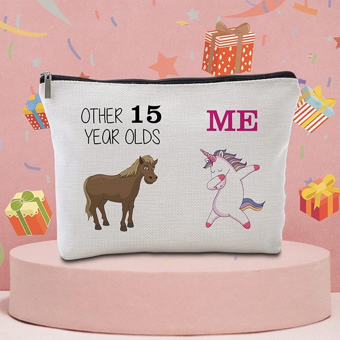 15th Birthday Gifts for Her Travel Makeup Bag 15 Quinceanera Gifts Funny Unicorn Gift Bag Other 15 Year Old Me Unicorn 15 Year Old Gift Ideas Birthday Decorations Gifts for Daughter