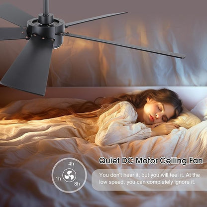 54" Ceiling Fan with Light and Remote Control, Modern Dimmable LED Light, 6-Speed Noiseless Reversible DC Motor, 5 Plywood Ceiling Fan for Kitchen Bedroom Living Room Black