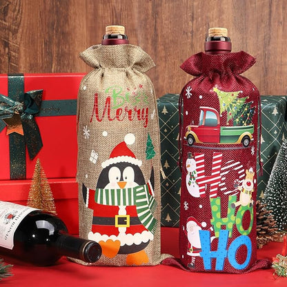 12Pcs Burlap Wine Bags Christmas Wine Gift Bags for Wine Bottles Gifts, Christmas Wine Bottle Bags with Drawstring Holiday Wine Bags, Christmas Wine Bottle Covers for Xmas New Year Holiday Party Decor