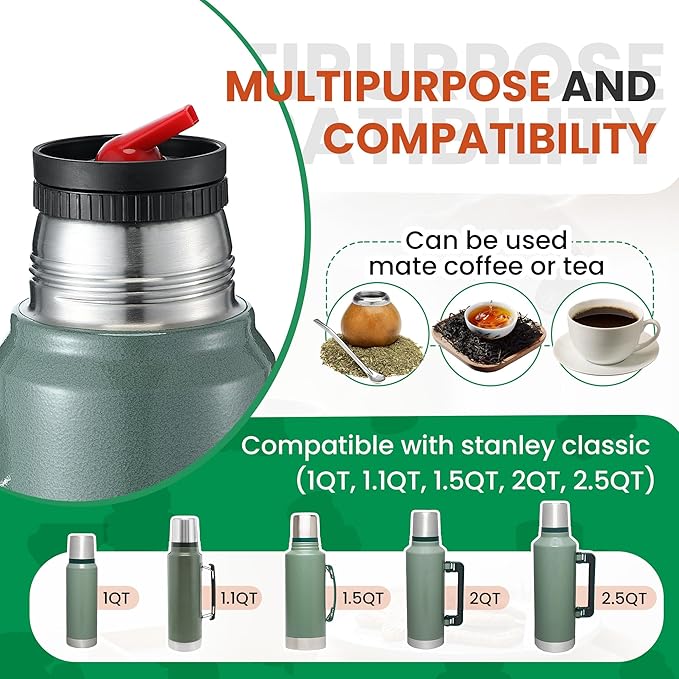 2 Pack Thermal Stopper Compatible with Stanley 1.1QT, 1.5QT, 2QT Classic Thermal Bottle, 2 In 1 Vacuum Flask Stopper Insulated Wide Mouth Bottle Lid for Yerba Mate Drinking