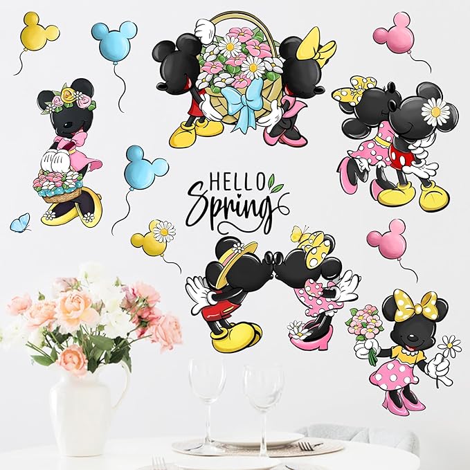 Mfault Hello Spring Cartoon Mouse Wall Decals Stickers, Daisy Flower Basket Balloon Decorations Bedroom Art, Butterfly Polka Dot Seasonal Home Kitchen Decor Party Supplies