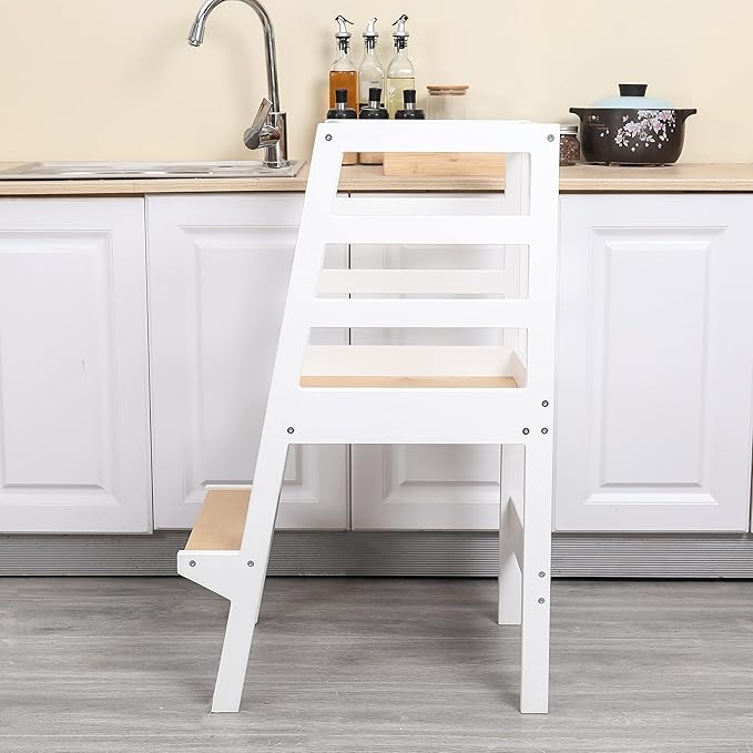 Toddler Kitchen Step Stool White Helper Standing Tower with Anti-Slip Protection for Kids Kitchen Counter Learning (Large, White)