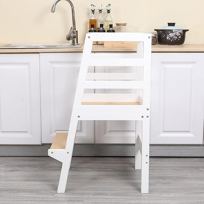 Toddler Kitchen Step Stool White Helper Standing Tower with Anti-Slip Protection for Kids Kitchen Counter Learning (Large, White)