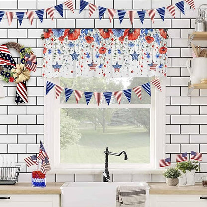 Vandarllin Summer 4th of July Kitchen Curtains Valances for Windows Patriotic Poppy Flowers Stars Rod Pocket Window Treatment for Kitchen/Living Room/Bedroom/Bathroom, 60" X 18", Blue Red