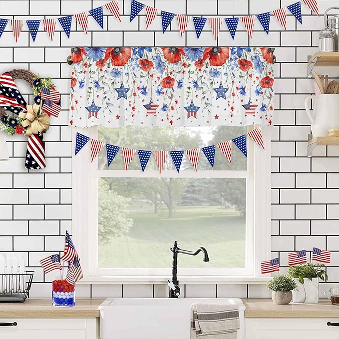 Vandarllin Summer 4th of July Kitchen Curtains Valances for Windows Patriotic Poppy Flowers Stars Rod Pocket Window Treatment for Kitchen/Living Room/Bedroom/Bathroom, 54" X 18", Blue Red