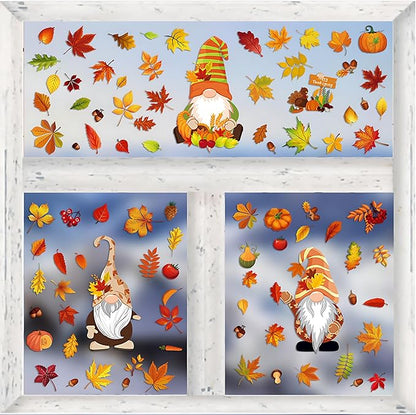 6 Sheets Fall Window clings for Home Windows Maple Leaf Window Stickers Thanksgiving Gnomes Window Decoration Autumn Window Decals for Home Office Classroom Party(Style A)