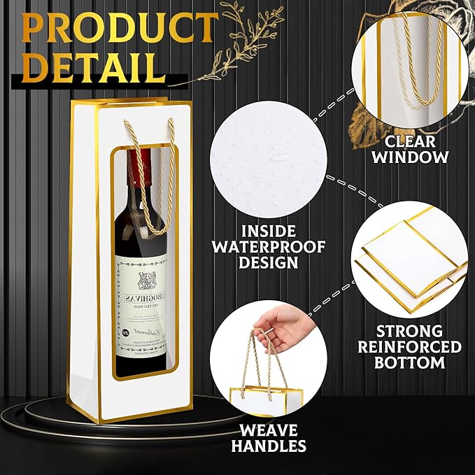 Yeaqee 50 Pcs Wine Gift Bags for Wine Bottles 4.92" x 3.35" x 14.2" Reusable Clear Window Wine Bottle Bags Bulk with Handles for Weddings, Birthday(White, Gold, Elegant)