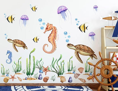 4 Sheets Ocean Animals Wall Decals Under The Sea World Wall Decals Removable DIY Turtles Seahorses Jellyfish Fish Seaweed Decor for Kids Bedroom Bathroom Living Room Playroom Kitchen Decoration