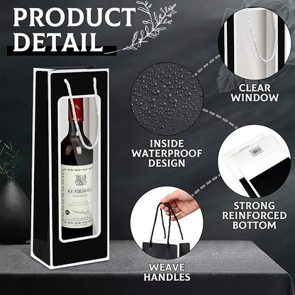 Yeaqee 50 Pcs Wine Gift Bags for Wine Bottles 4.92" x 3.35" x 14.2" Reusable Clear Window Wine Bottle Bags Bulk with Handles for Weddings, Birthday(Black, Elegant)