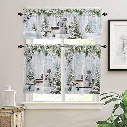 Vandarllin Merry Christmas Kitchen Curtains and Valances Set, Xmas Snowman Snowy Pine Tree Windows Treatments Tiers Half/Short Curtains for Small Windows Cafe/Living Room/Bedroom 54x36 in Blue Winter