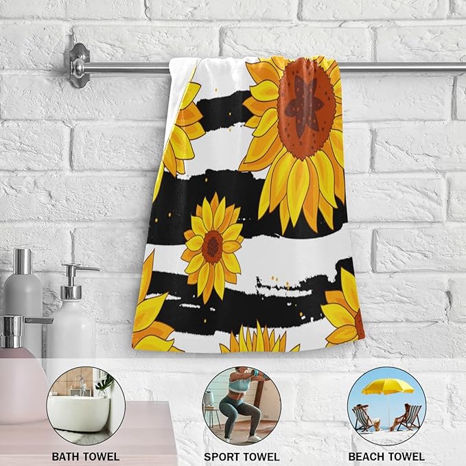 Towel Sets 2 Pack, Sunflowers on Black Striped Bath Hand Towels Soft Absorbent Quick Dry for Bathroom Beach Kitchen Gym Travel