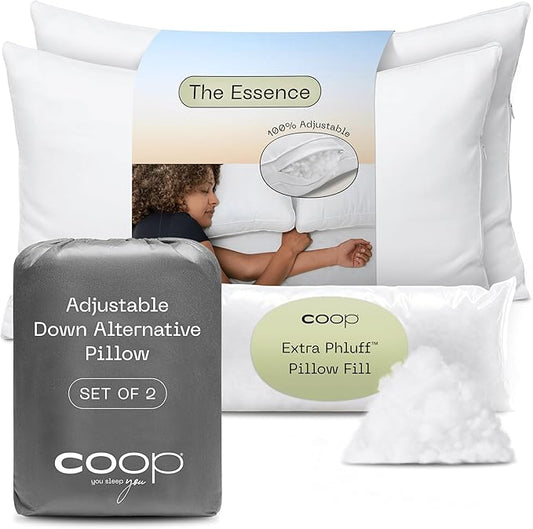 Coop Home Goods The Essence Down Alternative Pillow Queen Size Set of 2, Best Pillows for Sleeping, Adjustable Alternative to Down Pillows, Luxury Hotel Pillows for Back, Stomach or Side Sleepers