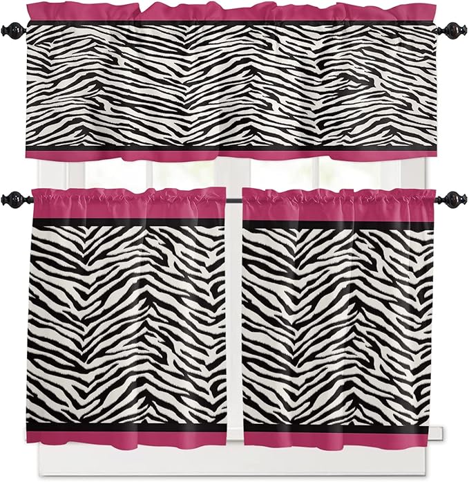 Vandarllin Kitchen Curtains and Valances Set,Animal Zebra Print Window Treatments Tiers Black White Pink Semi Sheer Half/Short Curtains for Small Windows Cafe/Living Room/Bedroom 54x24 in, 3-Piece