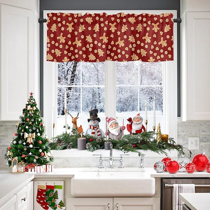 Vandarllin Christmas Kitchen Curtains Valances for Windows Red Merry Christmas Gingerbread Man Cookies Rod Pocket Window Treatment for Kitchen/Living Room/Bedroom/Bathroom,42" X 18" -1 Panel,