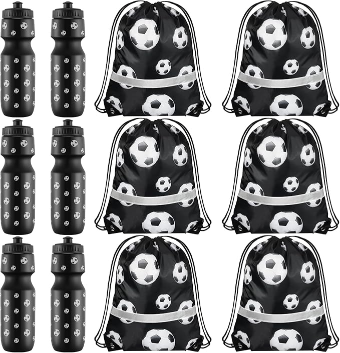 12 Pcs Soccer Party Favors 24 oz Soccer Water Bottle Gift for Soccer Team with Soccer Drawstring Bag Soccer Tumbler Stuff Soccer Theme Accessories for Summer Sports