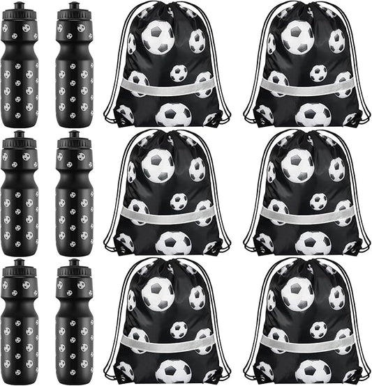 12 Pcs Soccer Party Favors 24 oz Soccer Water Bottle Gift for Soccer Team with Soccer Drawstring Bag Soccer Tumbler Stuff Soccer Theme Accessories for Summer Sports