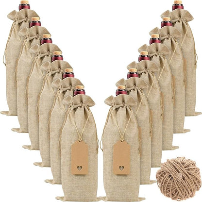 Burlap Wine Bags Wine Gift Bags, 12 Pcs Wine Bottle Bags with Drawstrings, Tags & Ropes, Reusable Wine Bottle Covers for Christmas, Wedding, Birthday, Travel, Holiday Party, Housewarming, Home Storage