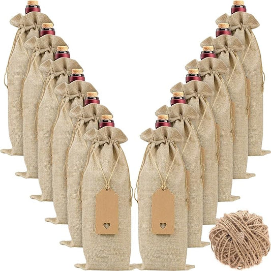 Burlap Wine Bags Wine Gift Bags, 12 Pcs Wine Bottle Bags with Drawstrings, Tags & Ropes, Reusable Wine Bottle Covers for Christmas, Wedding, Birthday, Travel, Holiday Party, Housewarming, Home Storage