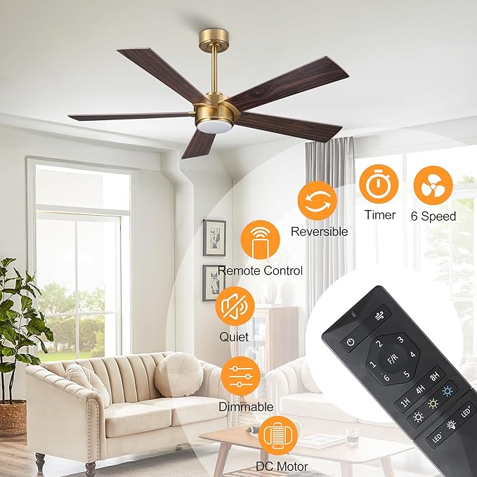 54" Ceiling Fan with Light and Remote Control, Modern Dimmable LED Light, 6-Speed Noiseless Reversible DC Motor, 5 Plywood Ceiling Fan for Kitchen Bedroom Living Room NAB Gold/Walnut