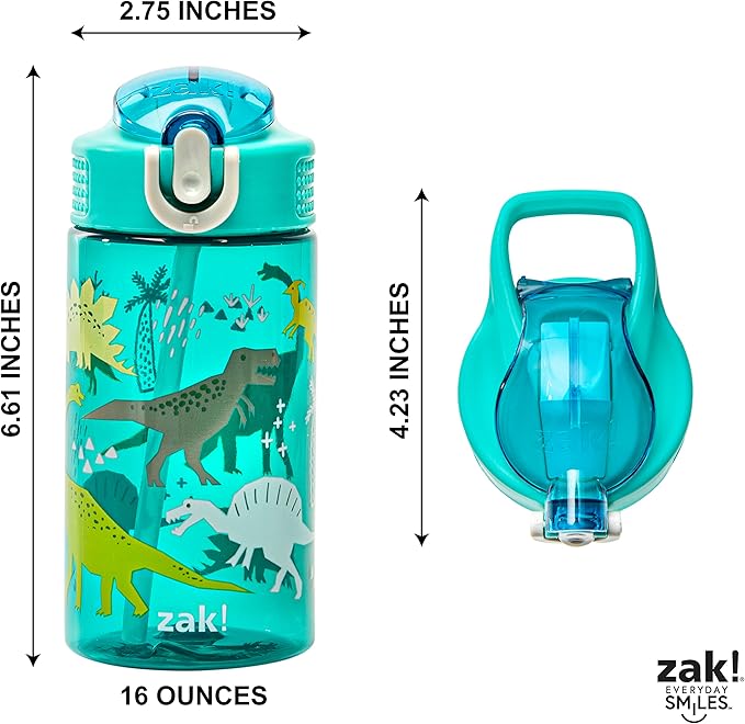 Zak Designs Kids Water Bottle For School or Travel, 16oz Durable Plastic Water Bottle With Straw, Handle, and Leak-Proof, Pop-Up Spout Cover (Dinosaur)