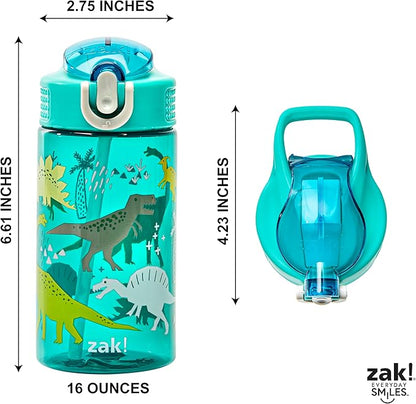 Zak Designs Kids Water Bottle For School or Travel, 16oz Durable Plastic Water Bottle With Straw, Handle, and Leak-Proof, Pop-Up Spout Cover (Dinosaur)