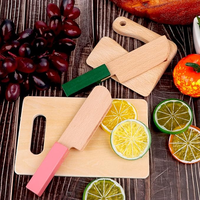 4 Pcs Wooden Kids Knives Cooking Utensils for Kitchen Cooking Children's Safe Knives Kids Cute Kitchen Tools with Rectangle Cutting Board for Cooking Kitchen Veggies Lettuce Fruits Salad Cake