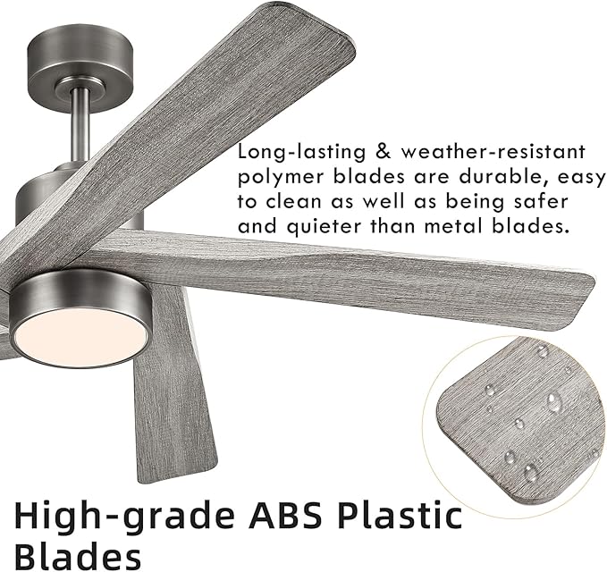 WINGBO 64" ABS DC Ceiling Fan with Lights, 5 Blade ABS Wood Grain Ceiling Fan with Remote, 6-Speed Reversible DC Motor, LED Ceiling Fan for Kitchen Bedroom Living Room, Antique Nickel and Grey