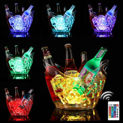 4L LED Ice Buckets with Waterproof Light and Remote Control Light up Plastic Ice Bucket Clear Large Capacity Beer Bucket for Champagne Wine Drinks Parties Home Bar KTV Club Summer, Colorful