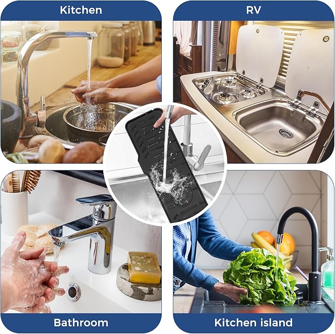 Black Kitchen Sink Faucet Splash Guard XXL Silicone Sink Faucet Drying Mat Faucet Handle Drip Catcher Tray, Dish Sponge Holder Kitchen Sink Accessories Gadgets Protector Home Organization Organizer