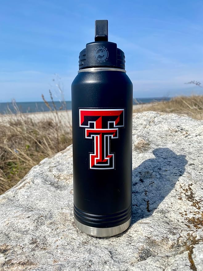 Texas Tech 32oz Stainless Steel Double Walled Black Beverage Bottle with Flip Straw Spout - College Gear for Playoff Season – For Office, Home or Auto – Show your Red Raider Prider